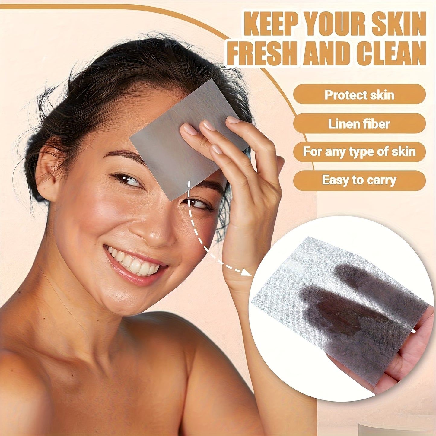 Summer Face Oil Light Beige T-zone Dry Oil Absorbing Paper, Suitable for Office Work and Students to Keep the Face Refreshing and Oil-Free, No Makeup Remover, Odorless, Portable Boxed, Unisex 100/10 Sheets