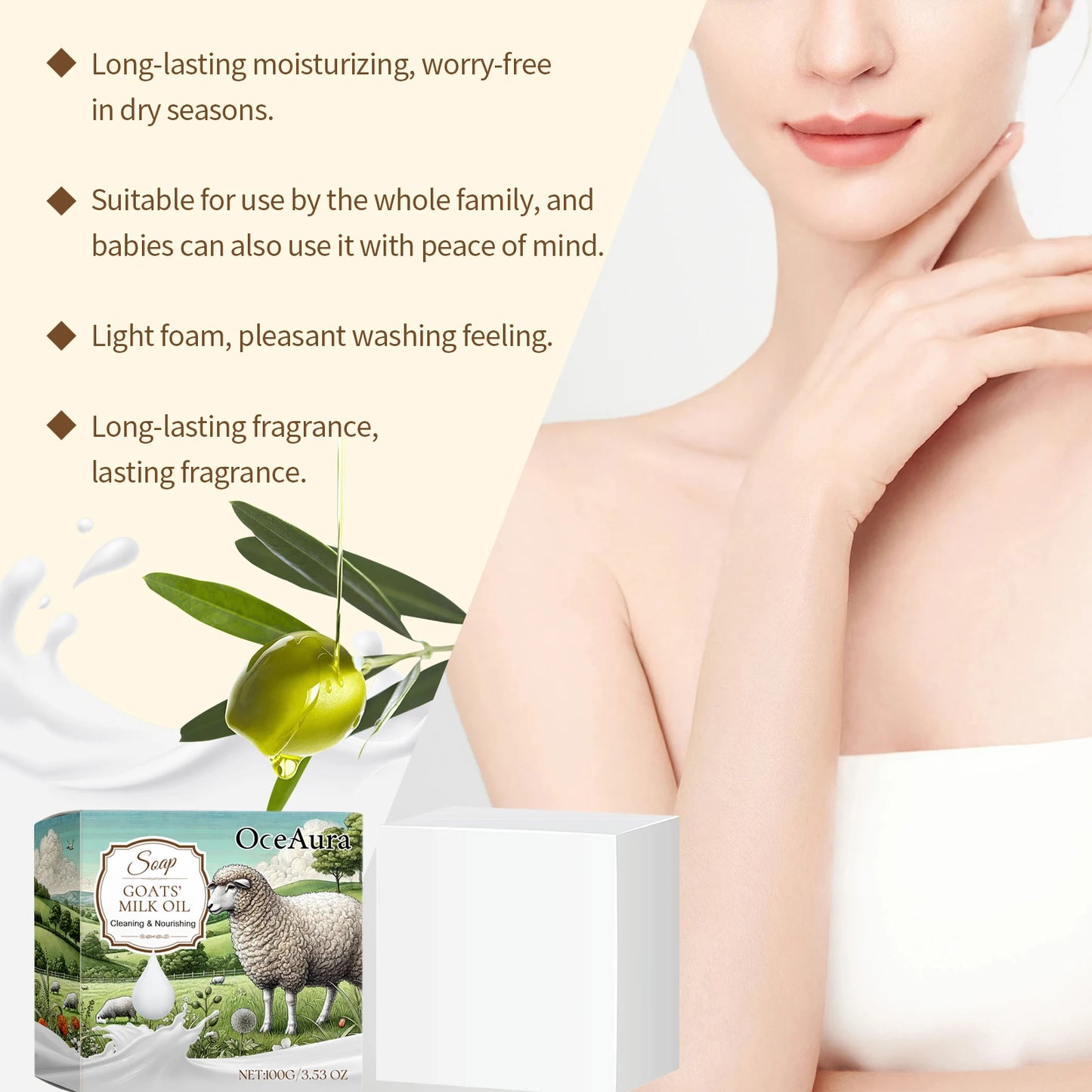 Organic Oceaura Goat Milk Soap Gentle Cleaning Body Dirts Improve Skin Texture Restore Skin Luster Moisturize Natural Body Bathing Soap