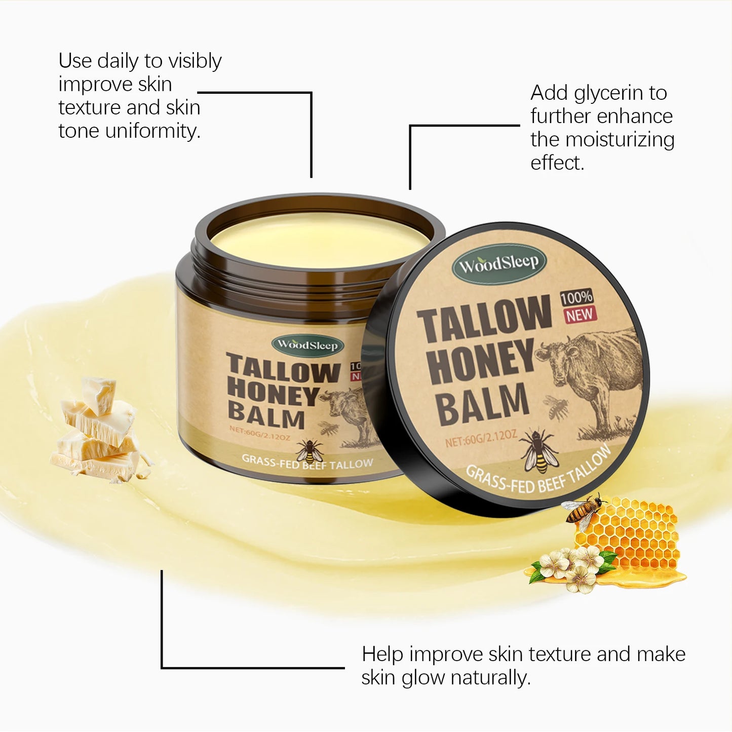 Organic Whipped Beef Tallow and Honey Balm Skin Face Moisturizer Fast Absorption Grass Fed Grass Finished Organic Face Cream Body Lotion