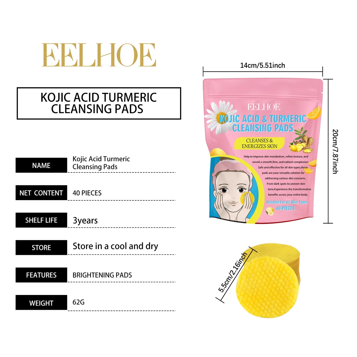 Organic Turmeric Kojic Acid Cleansing Pads Exfoliating Pads Facial Sponges For Cleansing Exfoliating Daily Cleansing Skin Care Tools