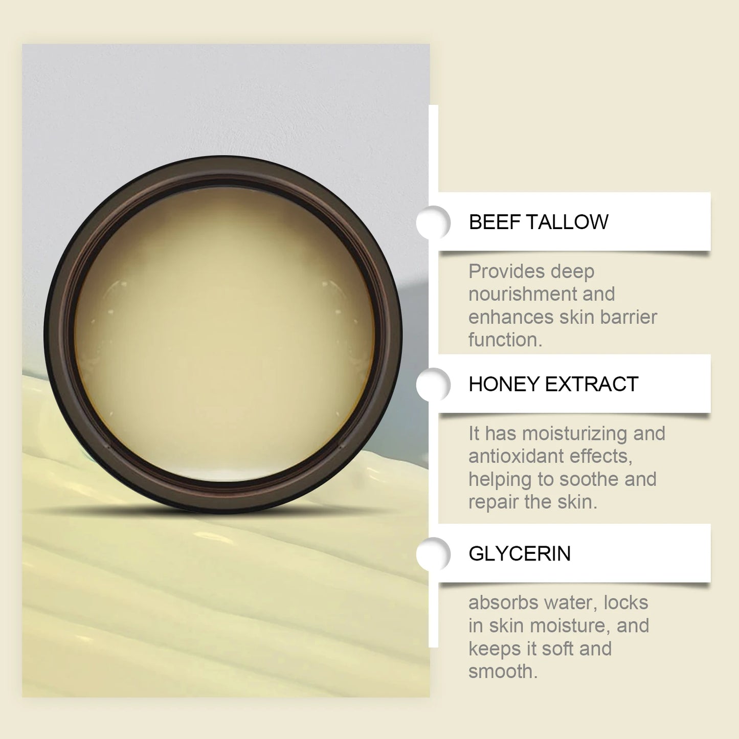 Organic Whipped Beef Tallow and Honey Balm Skin Face Moisturizer Fast Absorption Grass Fed Grass Finished Organic Face Cream Body Lotion