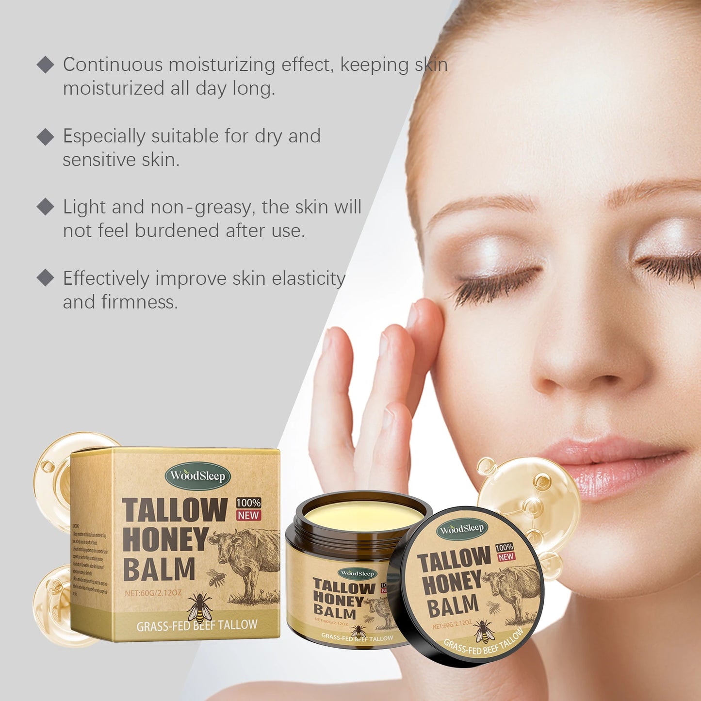 Organic Whipped Beef Tallow and Honey Balm Skin Face Moisturizer Fast Absorption Grass Fed Grass Finished Organic Face Cream Body Lotion